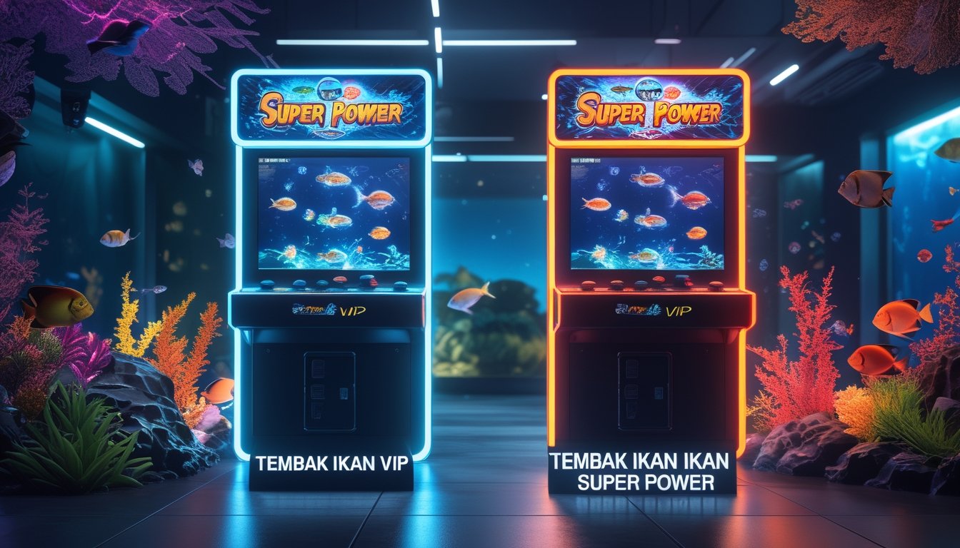 Dua mesin arcade permainan tembak ikan berdampingan dengan latar bawah laut penuh ikan berwarna-warni dan terumbu karang.