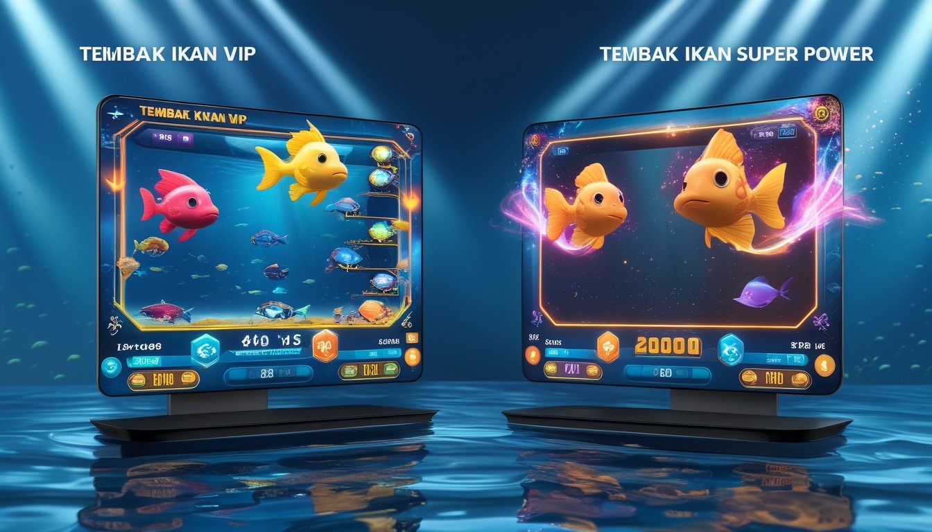 Dua layar digital berdampingan menampilkan permainan tembak ikan dengan latar bawah laut yang penuh warna dan ikan-ikan animasi yang berbeda.