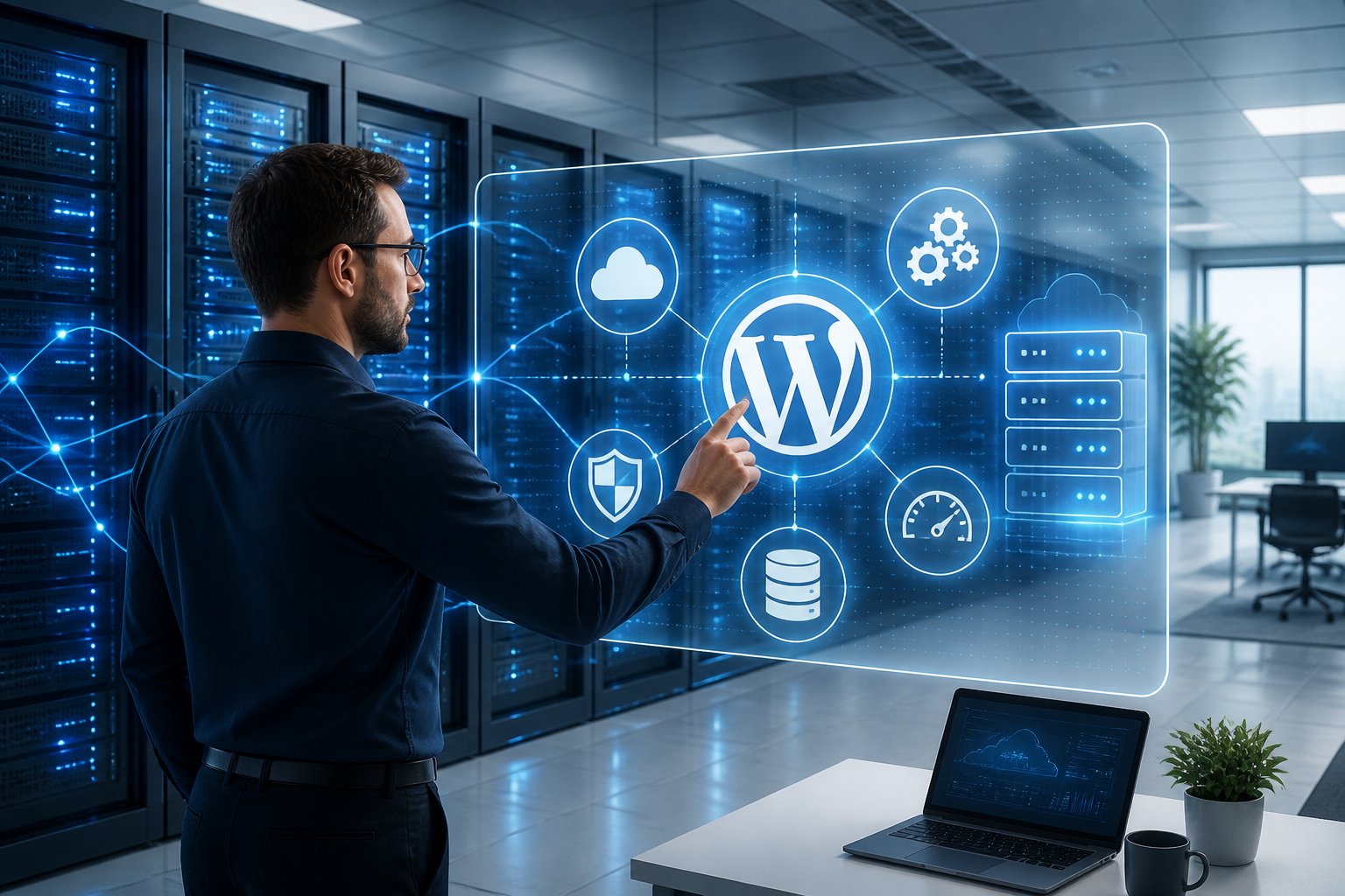 Liquid Web Review Managed WordPress Hosting: Worth It In 2026? 1 An IT professional interacting with a digital interface in a modern server room with glowing servers and WordPress-related icons.