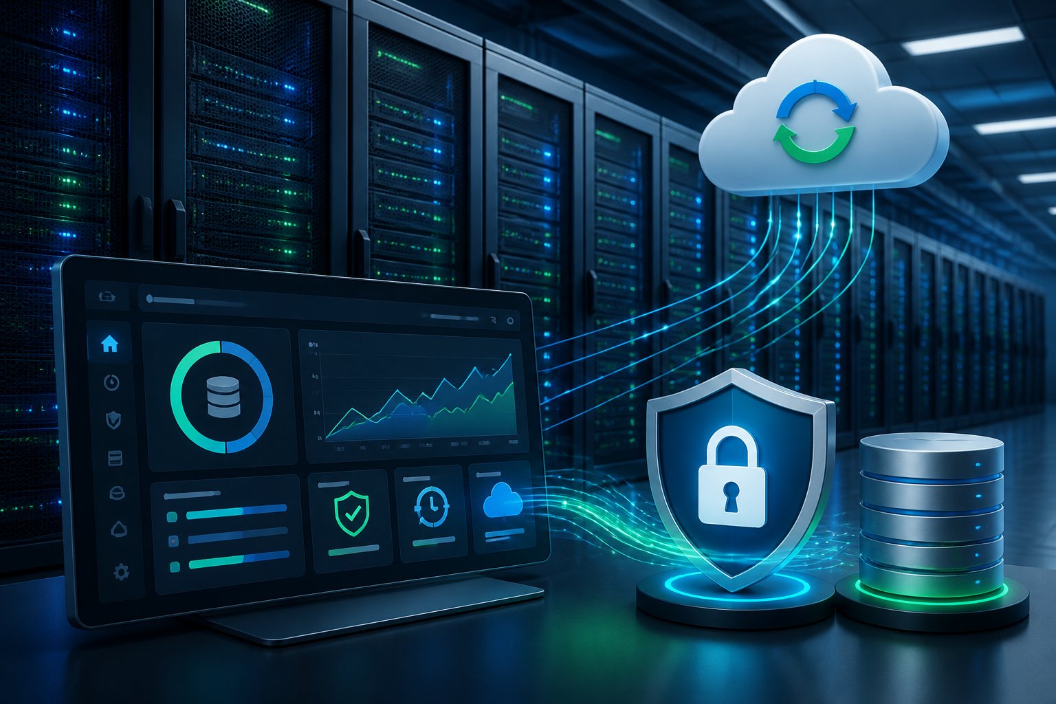 Liquid Web Review Managed WordPress Hosting: Worth It In 2026? 2 A data center with server racks, a digital dashboard showing backup and security icons, and symbols representing cloud backup and protection.