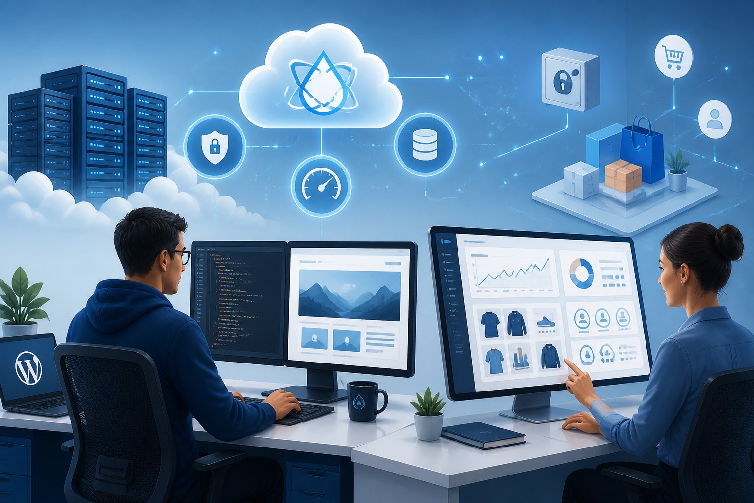 Liquid Web Review Managed WordPress Hosting: Worth It In 2026? 3 A developer coding on a computer and a store manager reviewing a digital dashboard with sales and inventory data, surrounded by icons representing cloud hosting and network connections.