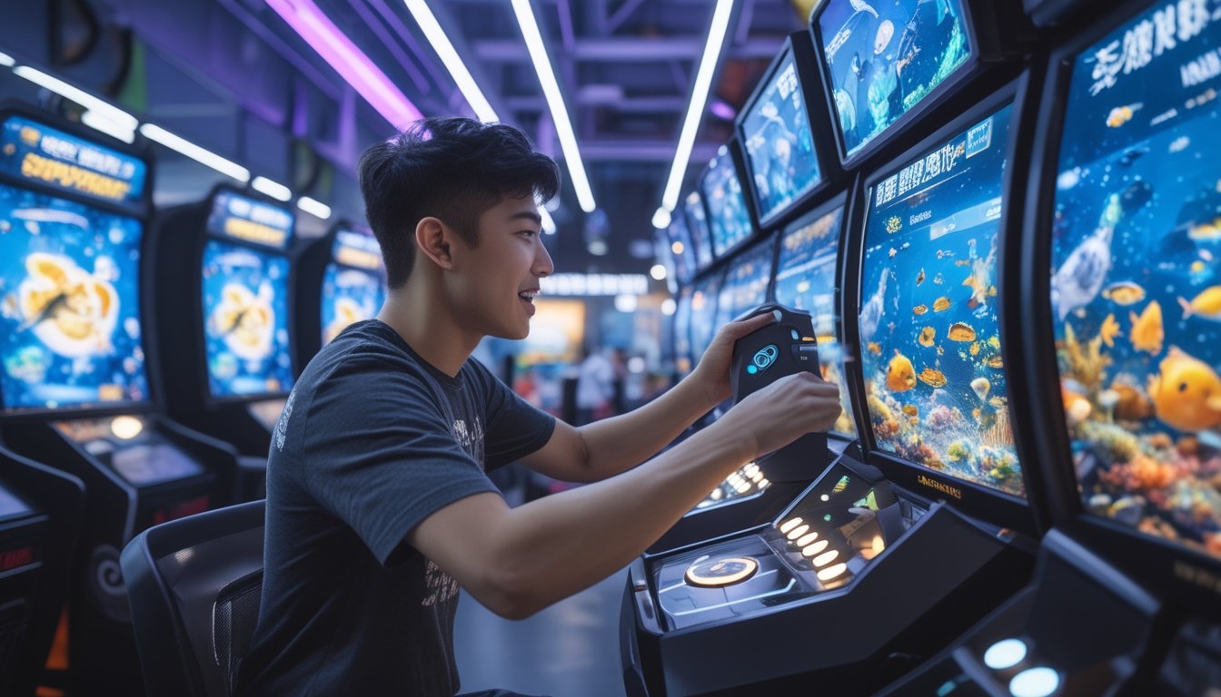 Seorang pemain sedang bermain game tembak ikan di arcade modern dengan layar penuh warna dan lampu neon.