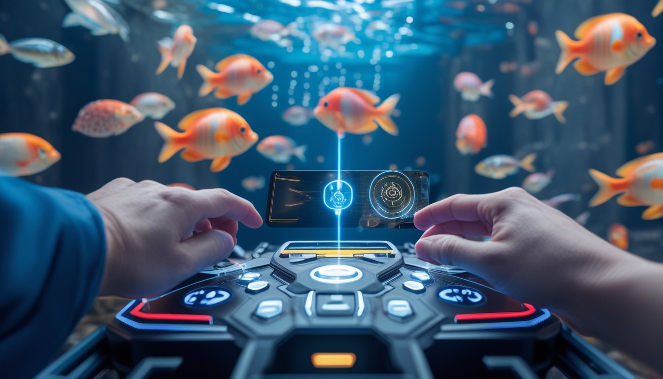 Suasana permainan tembak ikan dengan fitur super power terbaru, menampilkan ikan warna-warni di bawah laut dan tangan pemain mengoperasikan kontrol game.