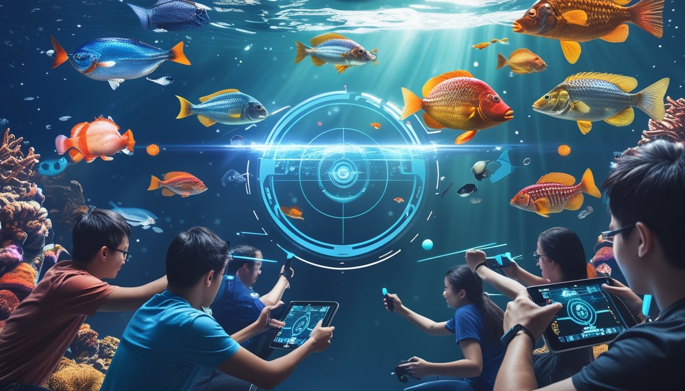 Beberapa orang bermain game tembak ikan di bawah laut dengan berbagai ikan berwarna-warni dan perangkat game modern.