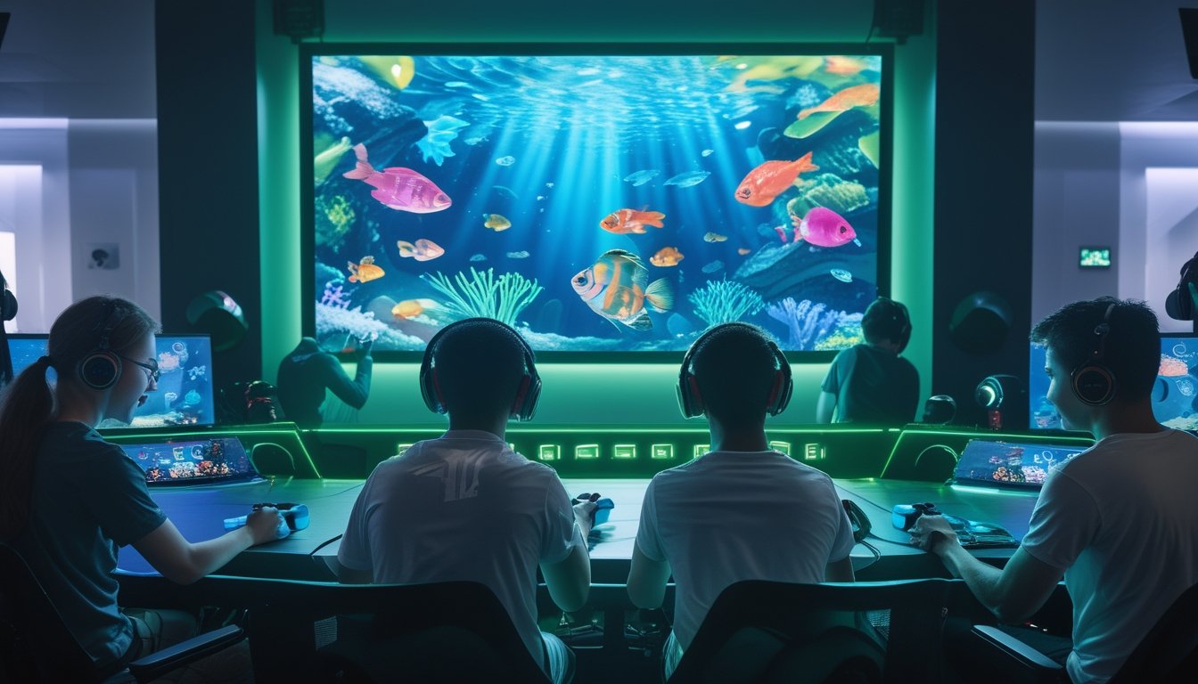 Beberapa orang bermain game tembak ikan di sebuah ruangan dengan layar berwarna-warni yang menampilkan ikan dan makhluk laut.
