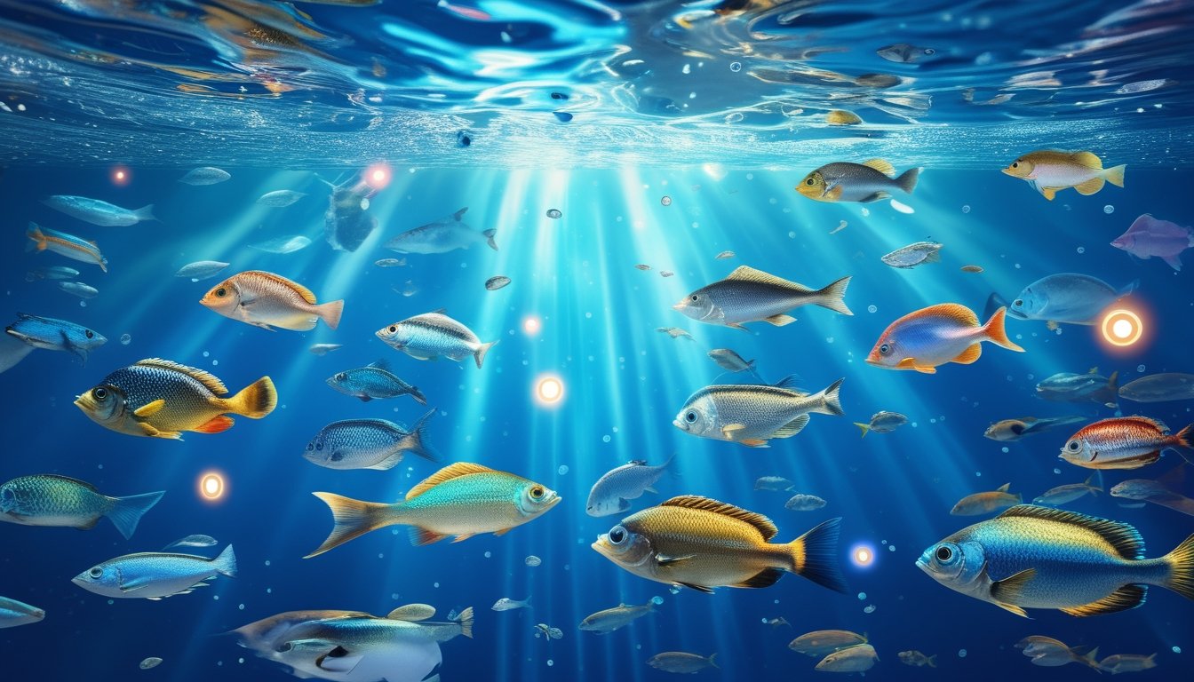 Pemandangan bawah laut dengan berbagai ikan berwarna-warni yang berenang di air jernih, menampilkan suasana permainan tembak ikan yang menarik.