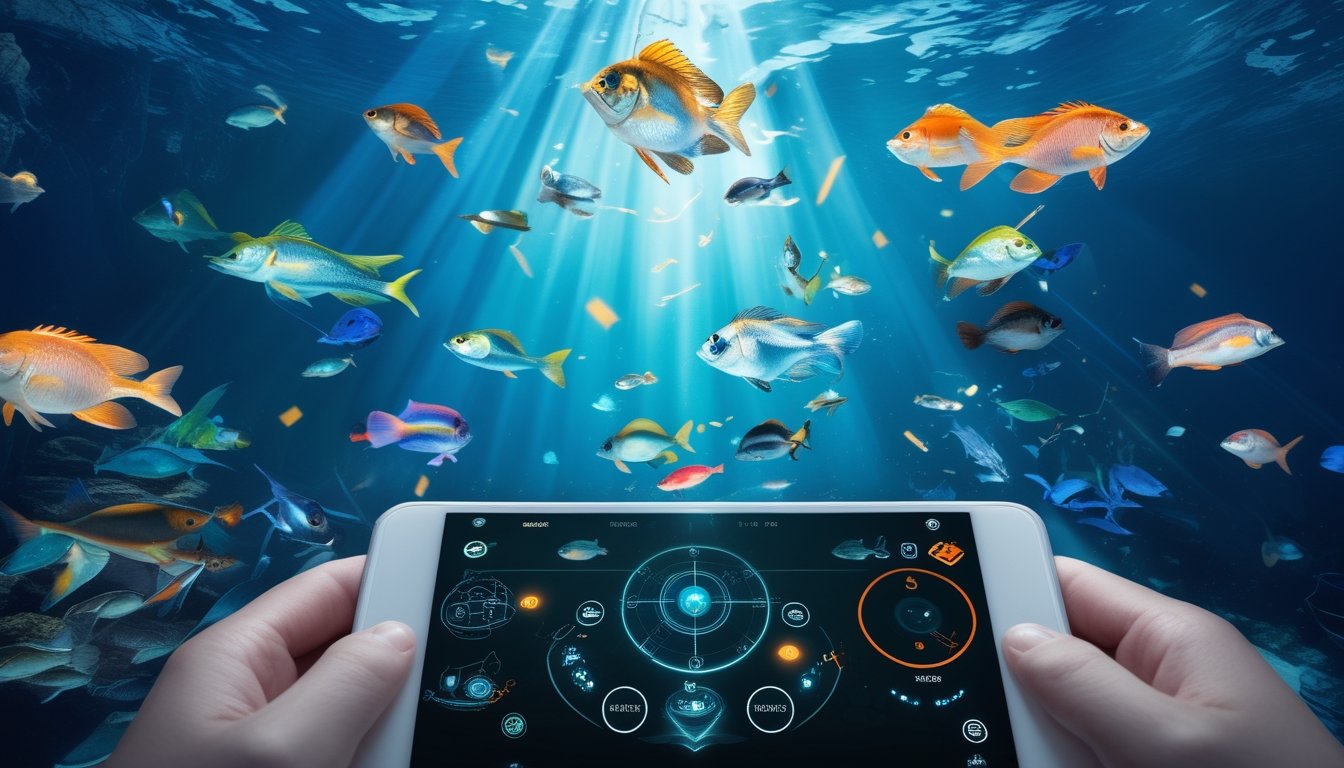 Tampilan permainan tembak ikan dengan latar bawah laut berwarna-warni dan antarmuka digital modern yang menunjukkan elemen permainan.