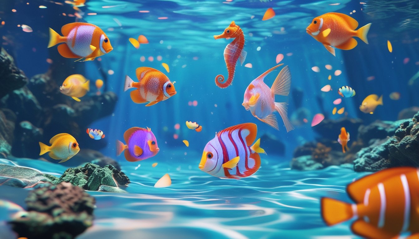 Pemandangan bawah laut yang penuh warna dengan berbagai ikan tropis berenang di air biru jernih dan efek cahaya yang menembus permukaan.