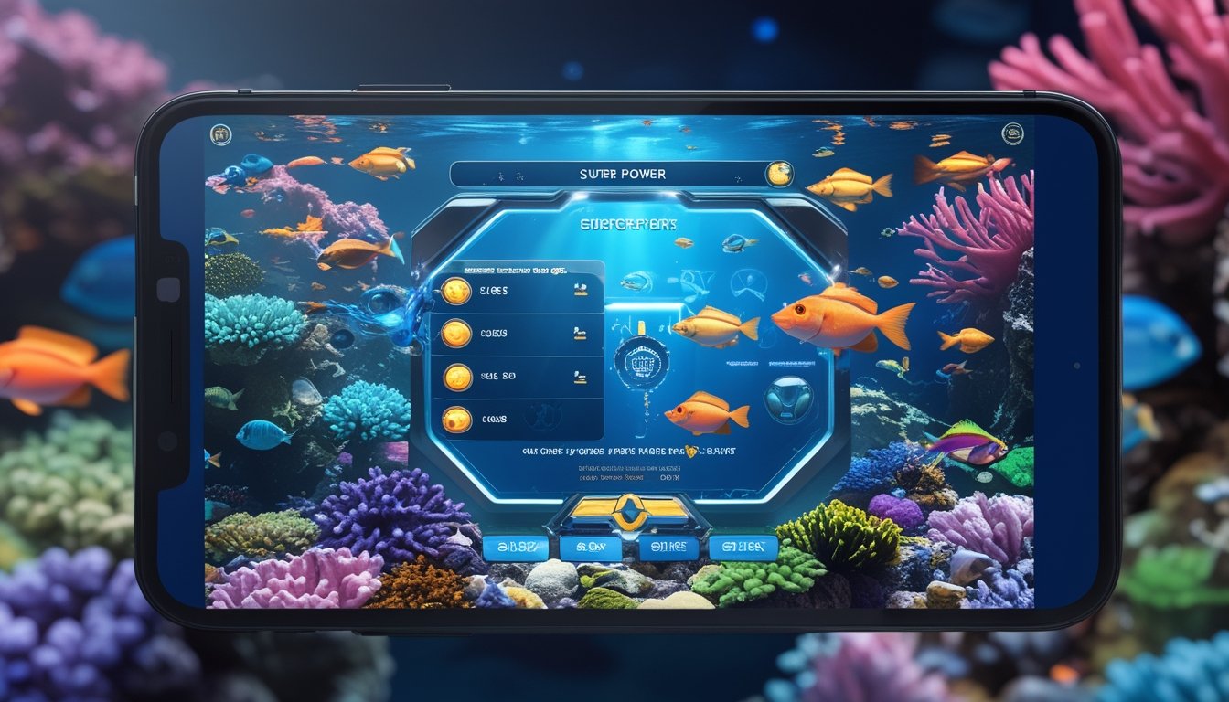 Layar komputer menampilkan permainan tembak ikan dengan latar bawah laut penuh terumbu karang dan ikan berwarna-warni.