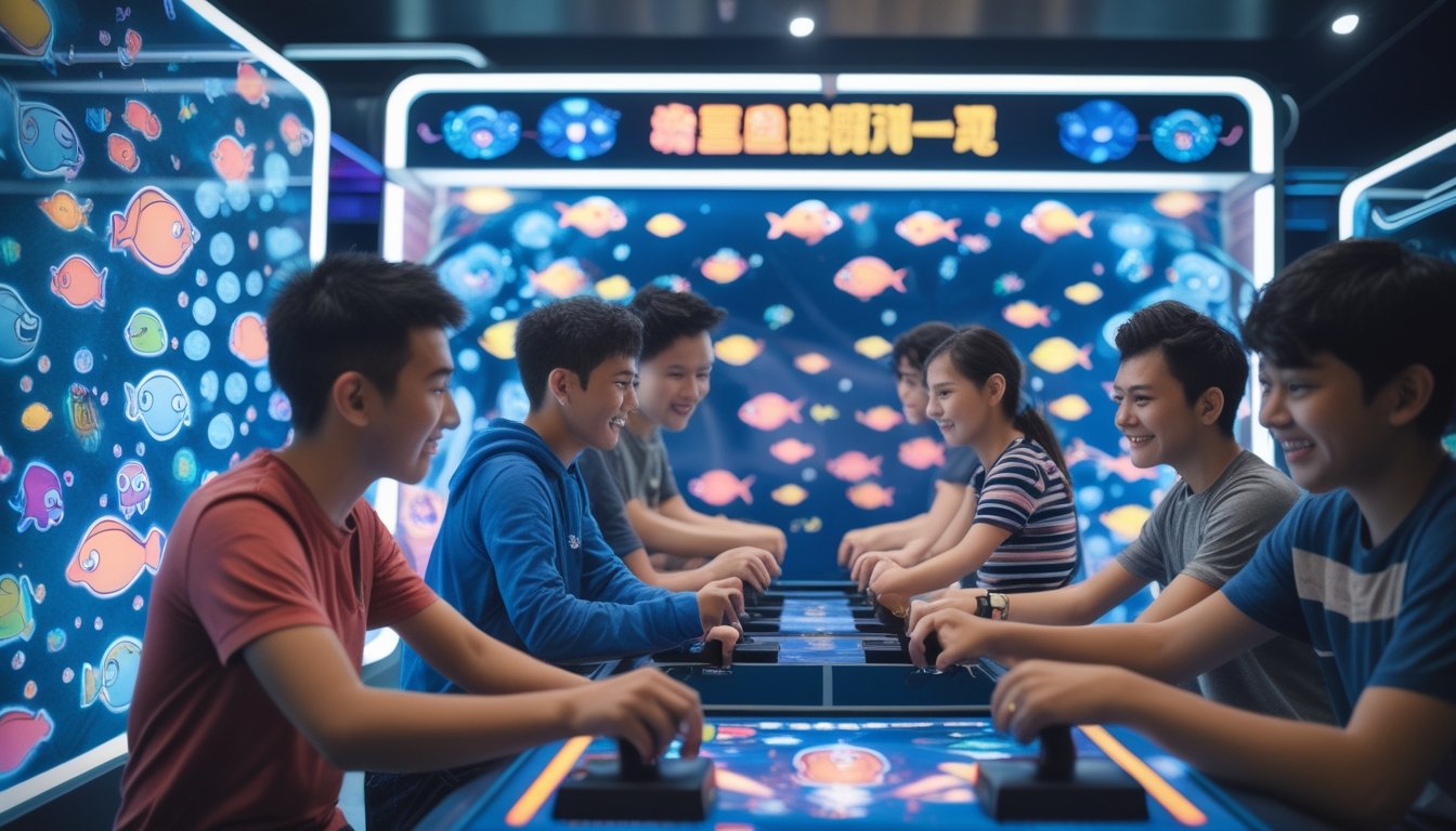 Sejumlah orang bermain permainan tembak ikan di arcade dengan layar besar penuh ikan warna-warni dan lampu neon.