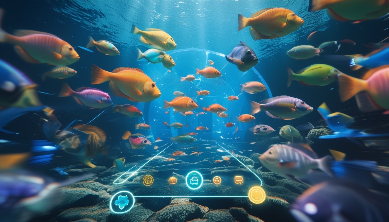 Pemandangan bawah laut dengan ikan berwarna-warni dan antarmuka permainan tembak ikan yang modern dan menarik.