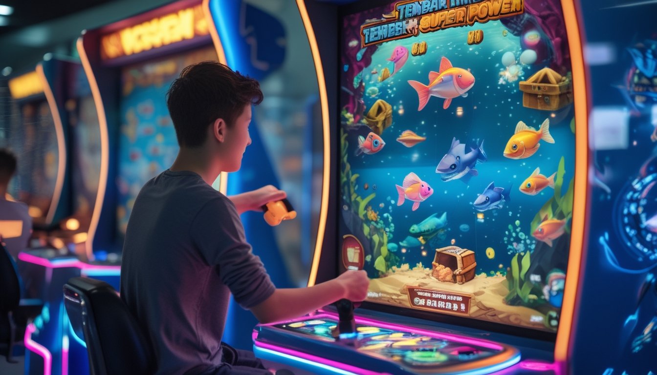 Seorang pemain muda sedang fokus bermain permainan tembak ikan di arcade dengan layar penuh warna dan berbagai ikan animasi di layar.