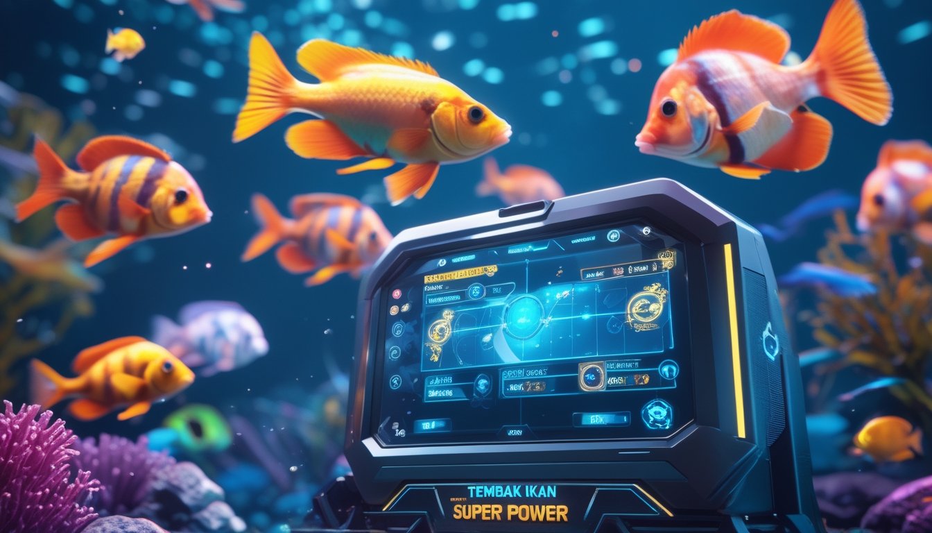 Adegan bawah laut dengan berbagai ikan berwarna-warni dan antarmuka permainan digital yang menunjukkan suasana permainan tembak ikan super power.