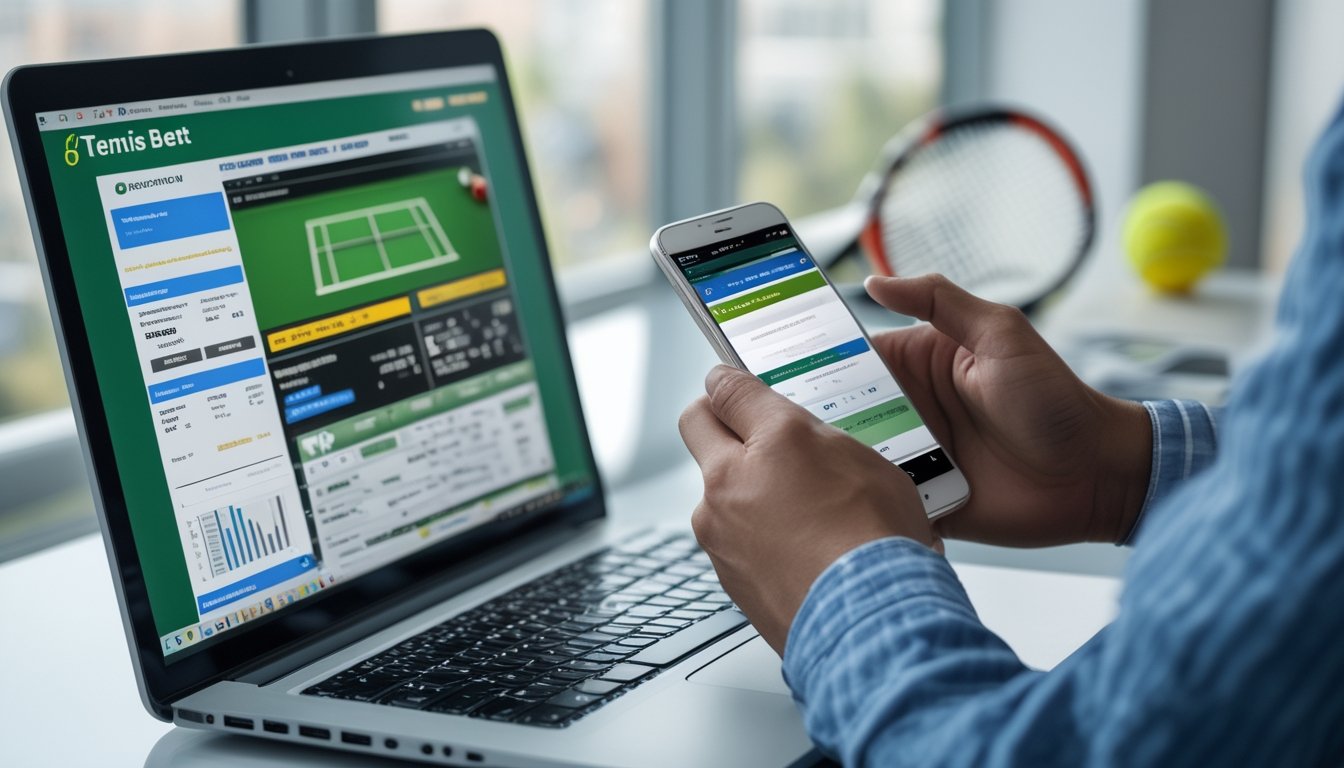 Seseorang sedang melihat layar laptop dengan situs taruhan tenis online, dikelilingi bola tenis dan raket di meja kerja.