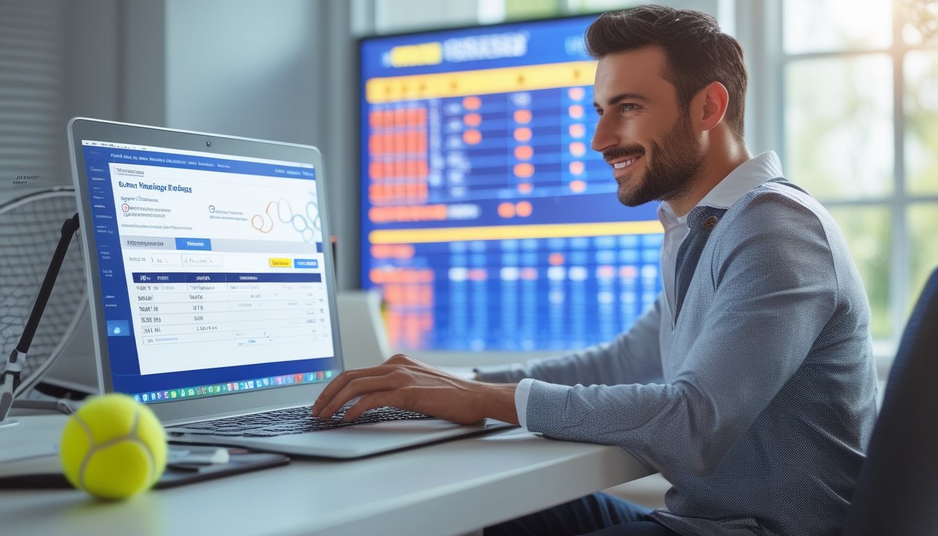 Seorang pria duduk di depan laptop dengan layar menampilkan situs taruhan tenis, dikelilingi bola tenis dan raket, menunjukkan suasana taruhan tenis online yang sukses.