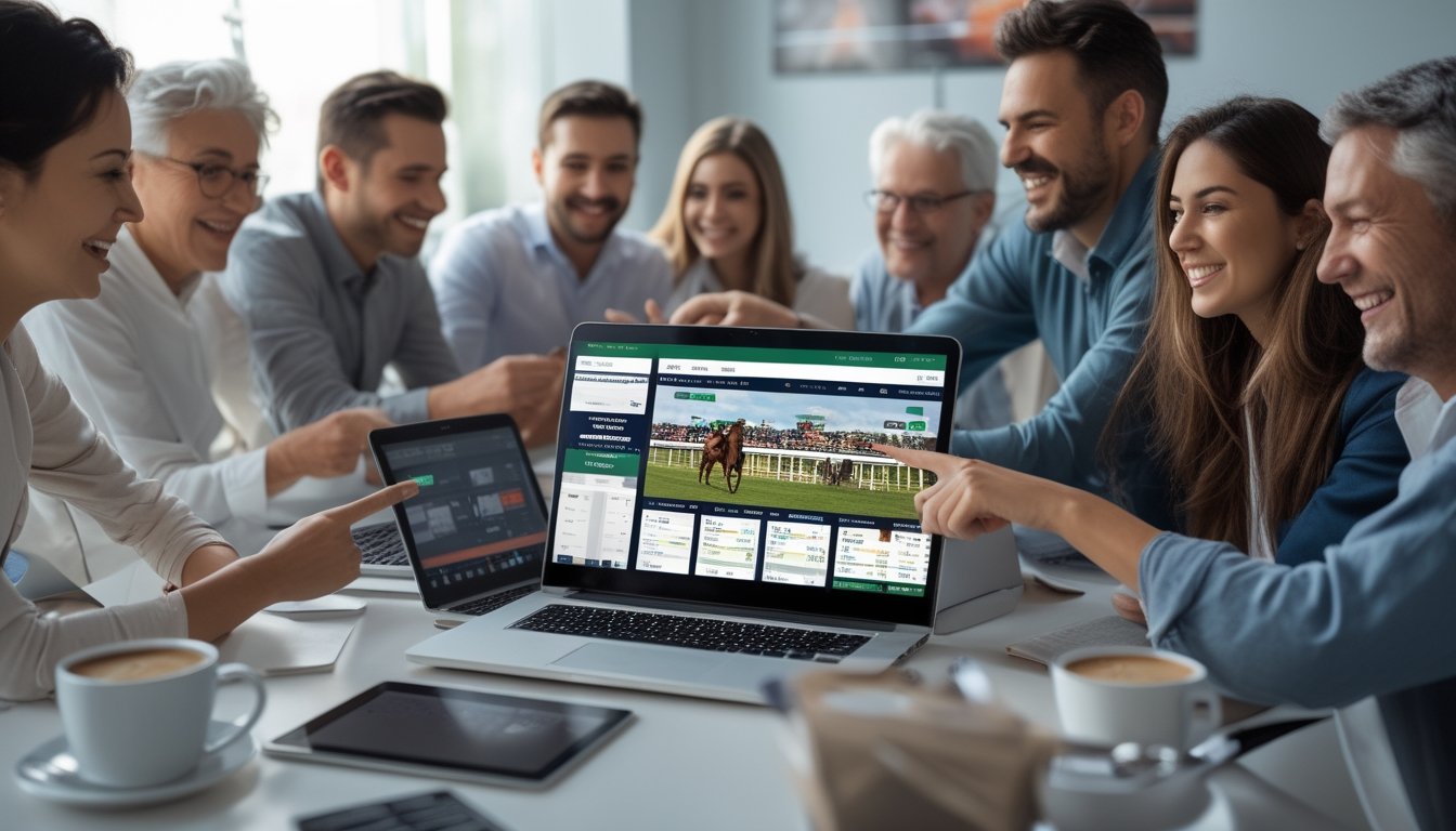 Sekelompok orang bersemangat menggunakan perangkat digital untuk bertaruh pacuan kuda secara online di dalam ruangan yang terang dan nyaman.