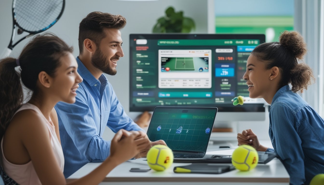 Orang-orang menonton pertandingan tenis di laptop dengan peralatan tenis di meja, menunjukkan suasana taruhan tenis online.