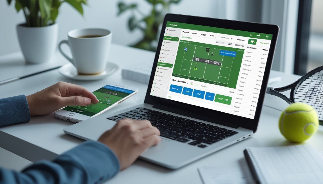 Seorang pria duduk di meja dengan laptop yang menampilkan pertandingan tenis dan aplikasi taruhan, di sekitar meja terdapat kopi, ponsel, dan alat tulis.