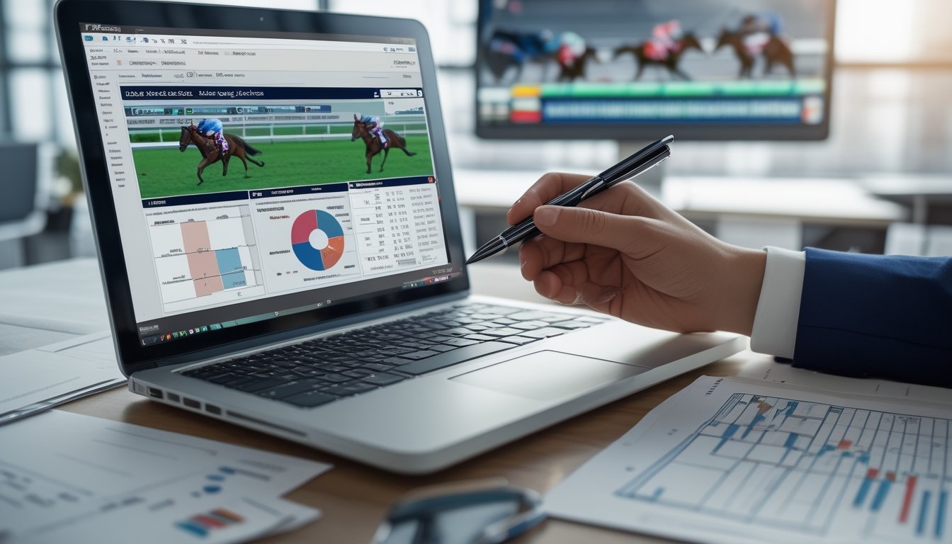 Seseorang menganalisis data taruhan pacuan kuda di depan laptop dengan grafik dan monitor menampilkan balapan kuda di latar belakang.