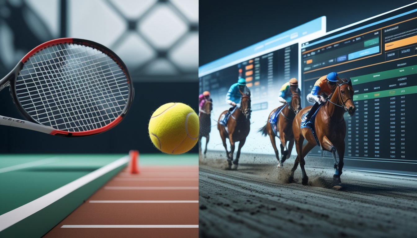 Gambaran perbandingan taruhan tenis dan taruhan pacuan kuda online dengan lapangan tenis dan bola di satu sisi serta kuda pacu berlari dan joki di sisi lain.
