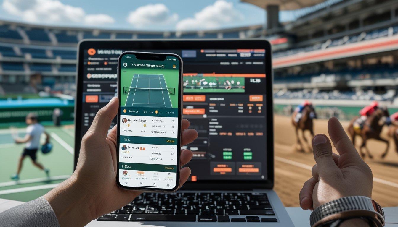 Seseorang menggunakan ponsel untuk taruhan tenis online di sebelah kiri dan seseorang menggunakan laptop untuk taruhan pacuan kuda online di sebelah kanan dengan latar belakang lapangan tenis dan arena pacuan kuda.