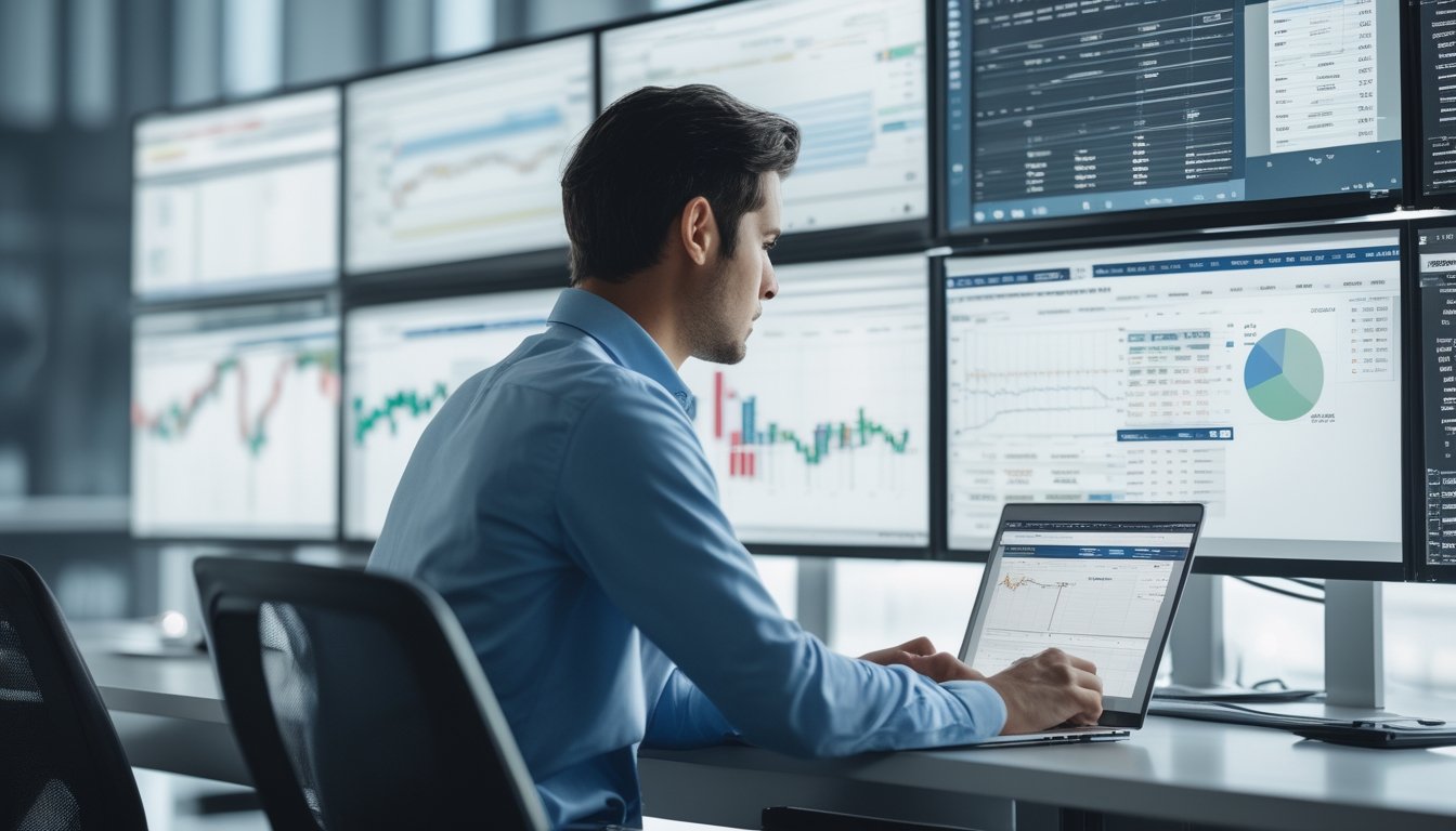 Seorang analis bekerja di depan beberapa layar komputer yang menampilkan grafik dan data terkait taruhan tenis dan pacuan kuda di sebuah ruang kerja modern.