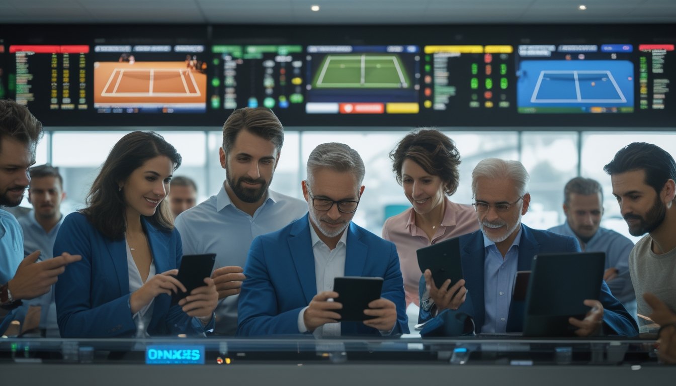 Sekelompok orang sedang menggunakan perangkat digital untuk bertaruh langsung pada pertandingan tenis yang ditampilkan di beberapa layar besar.