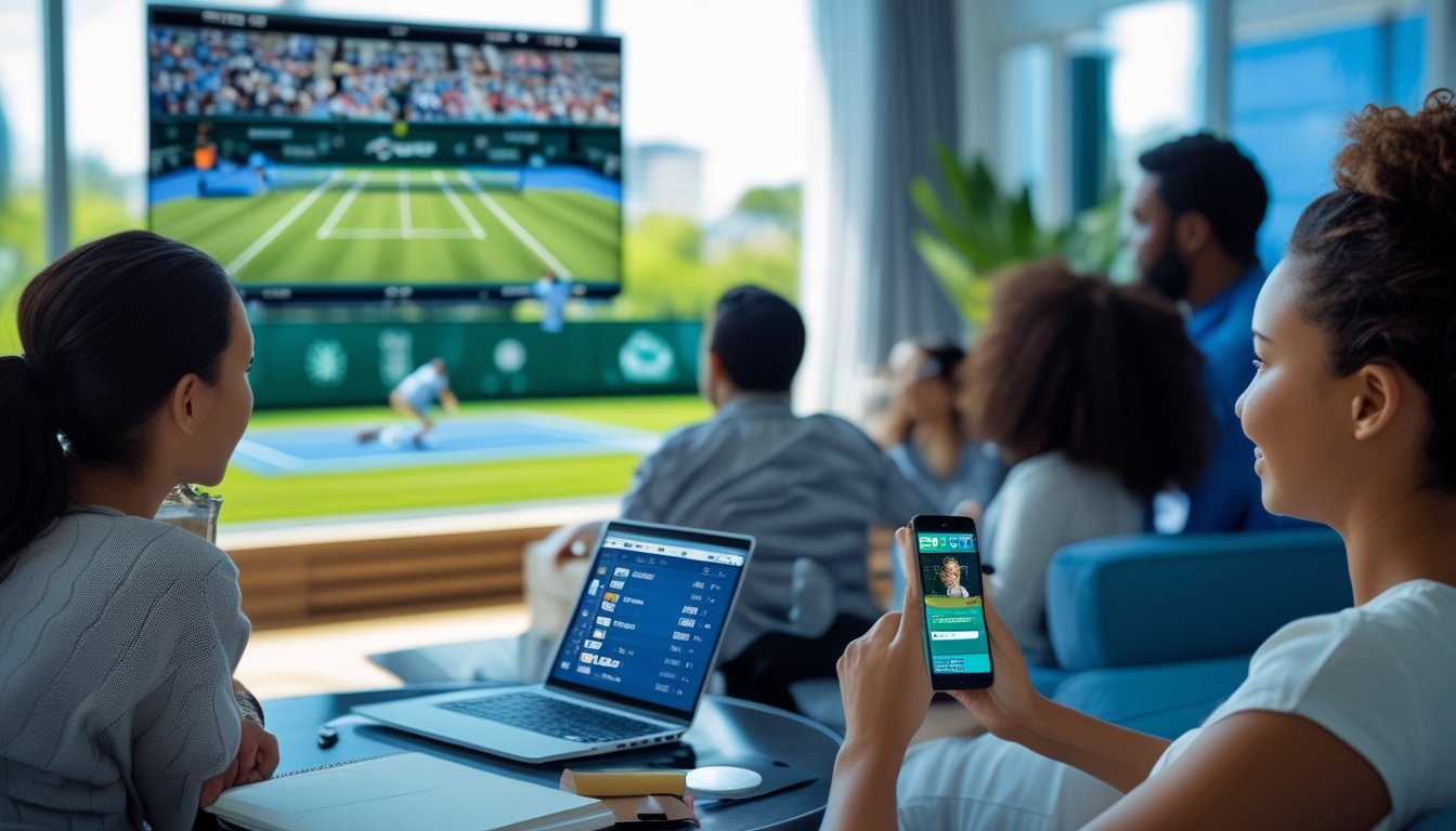 Seorang pria menonton pertandingan tenis secara langsung di ruang tamu sambil menggunakan aplikasi taruhan di ponsel.