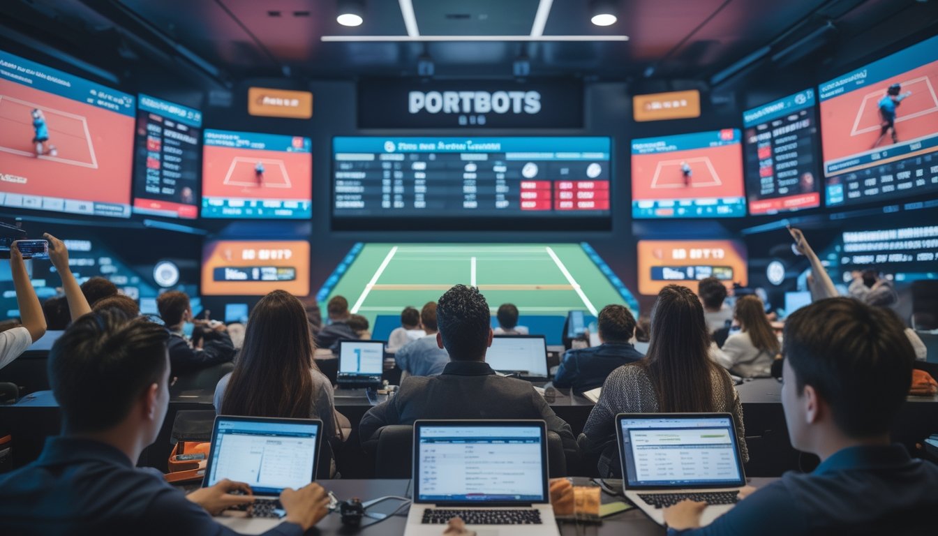 Beberapa orang sedang memasang taruhan tenis online di sportsbook dengan layar digital yang menampilkan pertandingan tenis secara langsung.