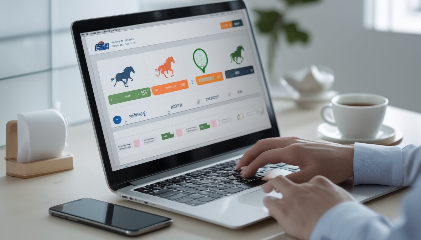 Seseorang menggunakan laptop di kantor yang terang dengan tampilan platform taruhan pacuan kuda dan tenis yang aman dan cepat.