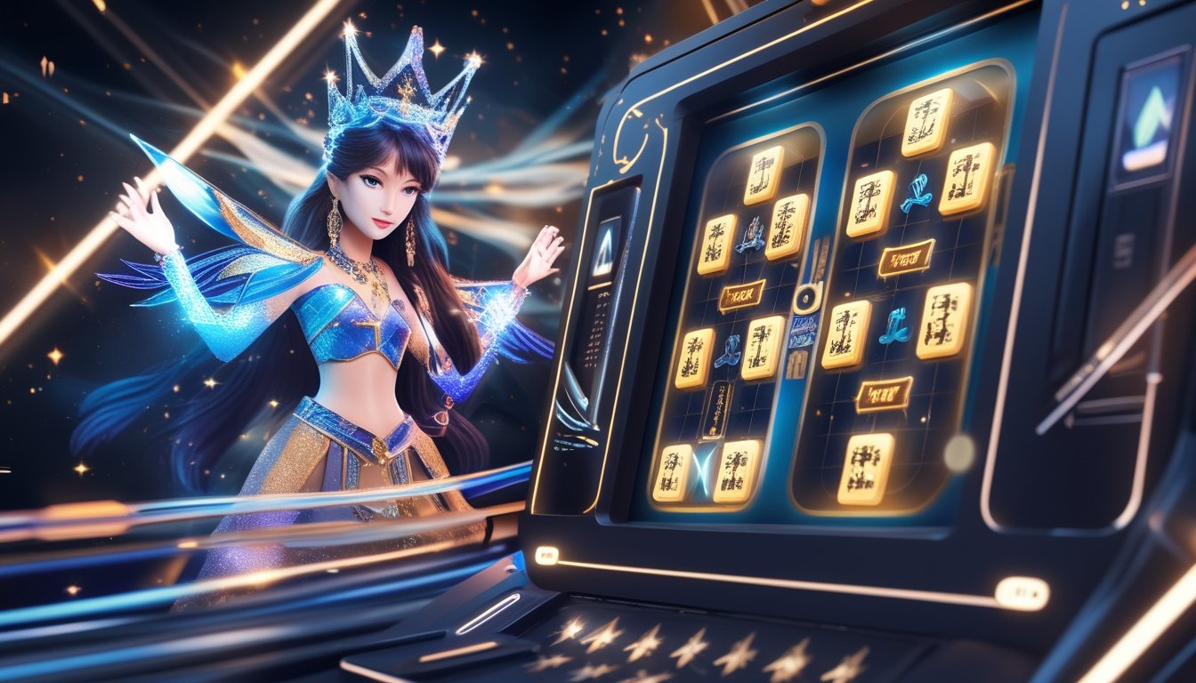 Gambar mesin slot digital dengan simbol Mahjong hitam dan karakter putri bercahaya dengan efek bintang yang bersinar.
