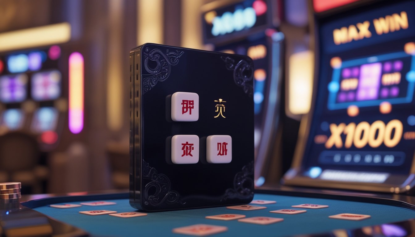 Sebuah setup permainan dengan ubin Mahjong hitam dan layar mesin slot digital menampilkan kemenangan besar X1000 dalam suasana kasino yang mewah.