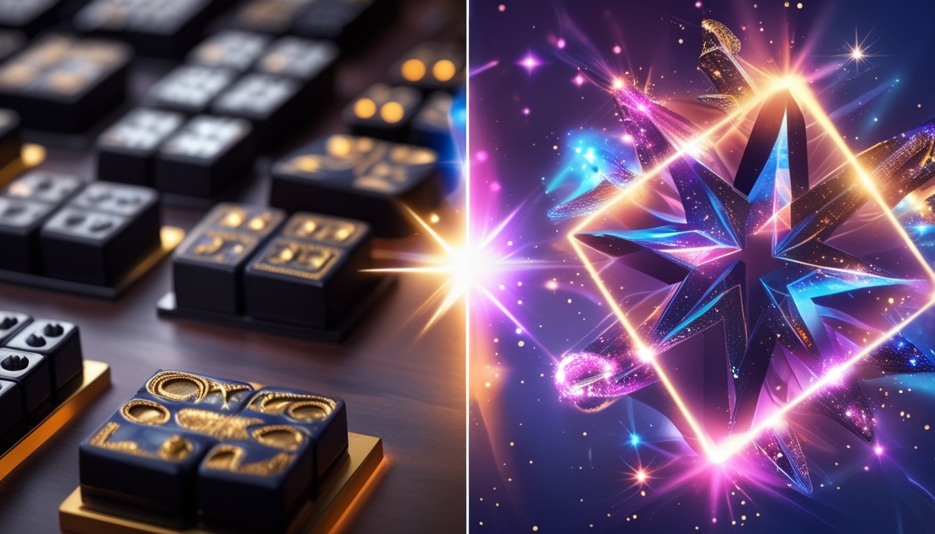 Gambar perbandingan visual antara permainan Mahjong dengan ubin hitam dan elemen permainan Starlight Princess yang berwarna cerah dan bercahaya.