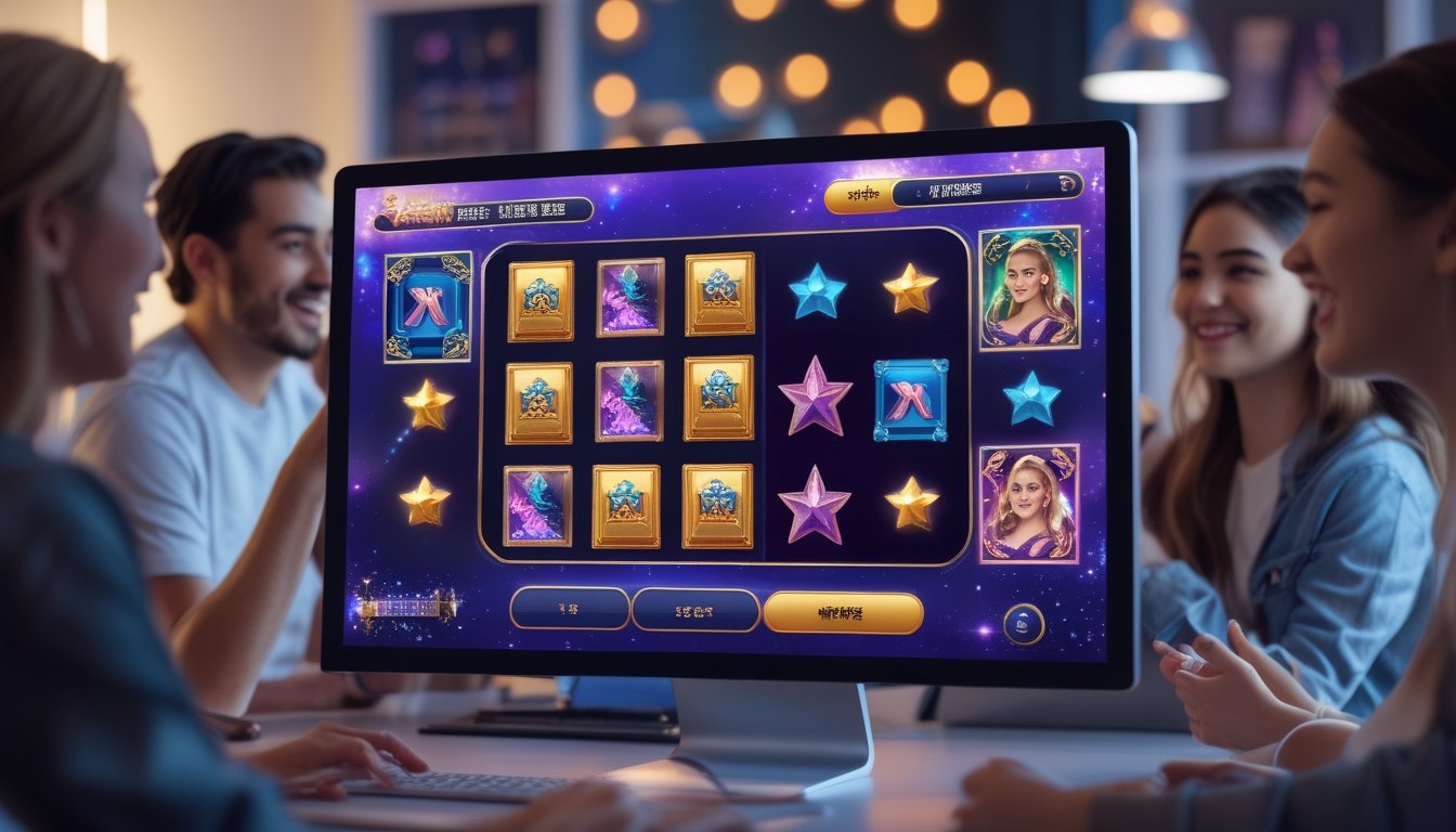 Orang-orang sedang bermain permainan slot online dengan layar komputer menampilkan simbol Mahjong hitam dan tema putri bercahaya.