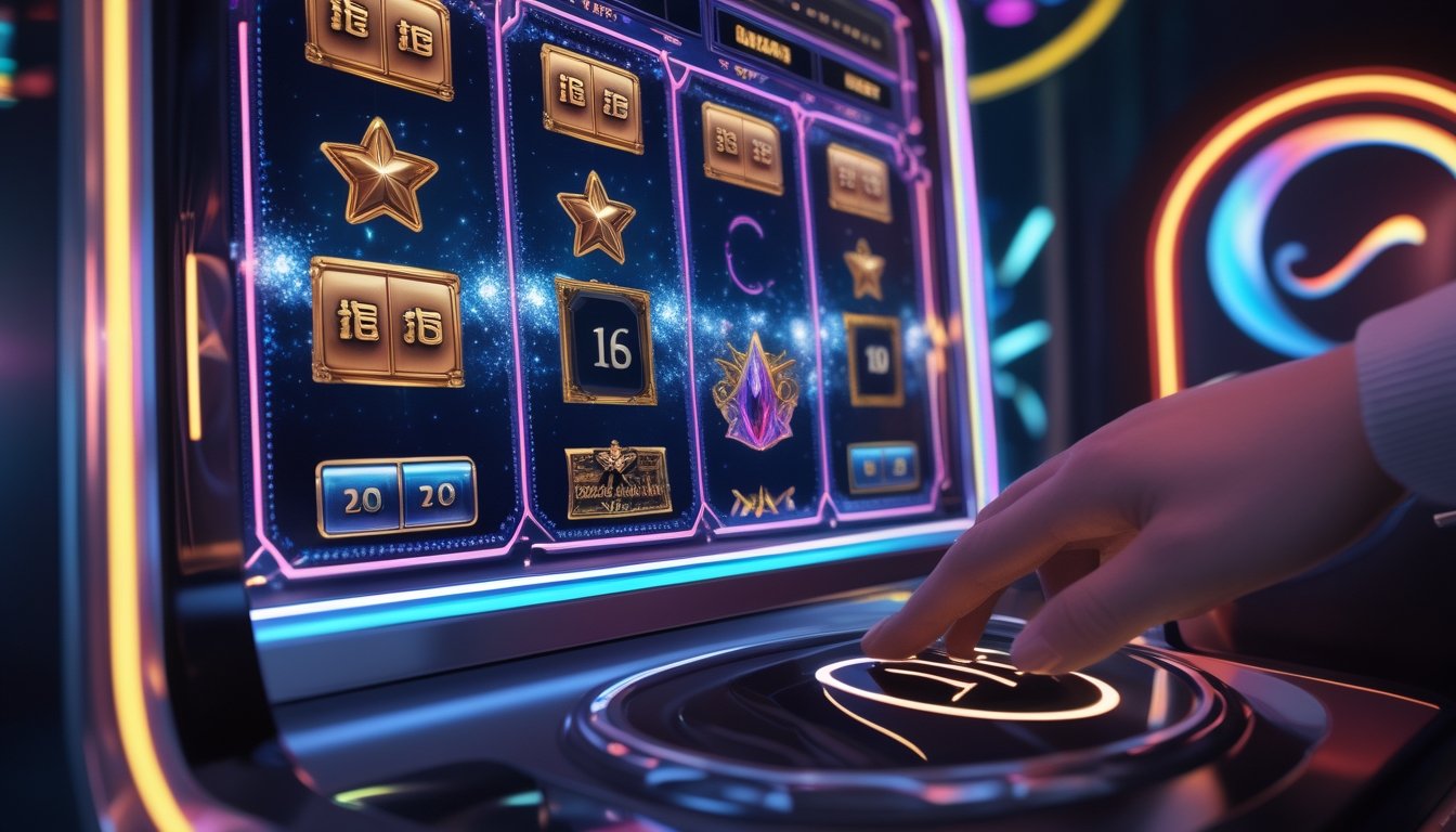 Seorang pemain sedang menggunakan mesin slot digital dengan simbol mahjong hitam dan motif bintang serta putri yang bercahaya di layar besar.