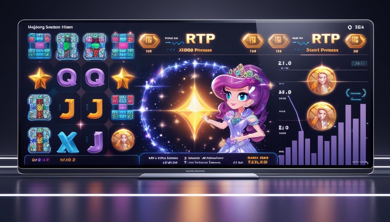 Tampilan layar digital modern dengan simbol permainan Mahjong dan karakter putri bercahaya dikelilingi efek bintang, menunjukkan tema permainan kasino dengan grafik cerah dan latar belakang gelap.