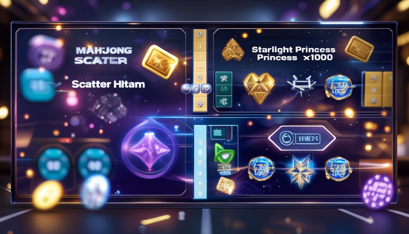 Tampilan antarmuka permainan slot digital dengan tema Mahjong hitam dan putri bercahaya, di latar belakang kasino modern dengan cahaya lembut.