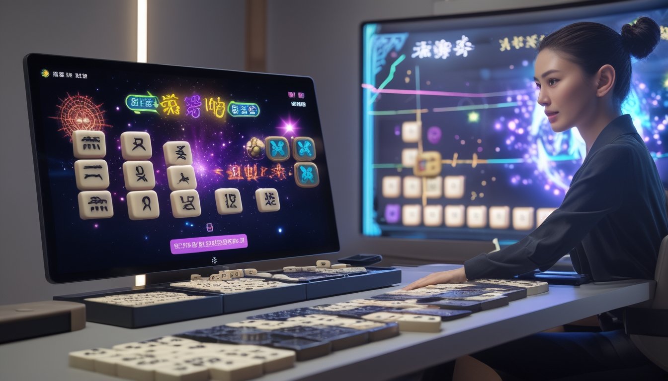 Seorang pemain sedang fokus pada meja permainan dengan ubin Mahjong hitam dan layar digital yang menampilkan simbol berkilau dari permainan Starlight Princess.