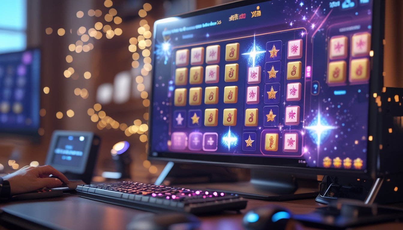 Sebuah meja dengan layar komputer menampilkan permainan Mahjong dan simbol putri bercahaya, dengan lampu dan efek bintang yang berkilau di sekitarnya.