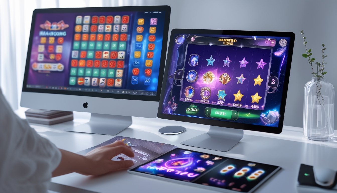 Sebuah setup permainan dengan komputer menampilkan layar permainan Mahjong dan mesin slot bertema Scatter Hitam dan Starlight Princess X1000, dengan tangan yang sedang mengoperasikan kontrol permainan.