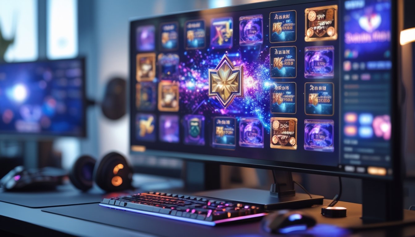 Sebuah meja dengan komputer yang menampilkan grafik permainan Mahjong dan Starlight Princess, dikelilingi oleh perlengkapan gaming seperti keyboard dan mouse.