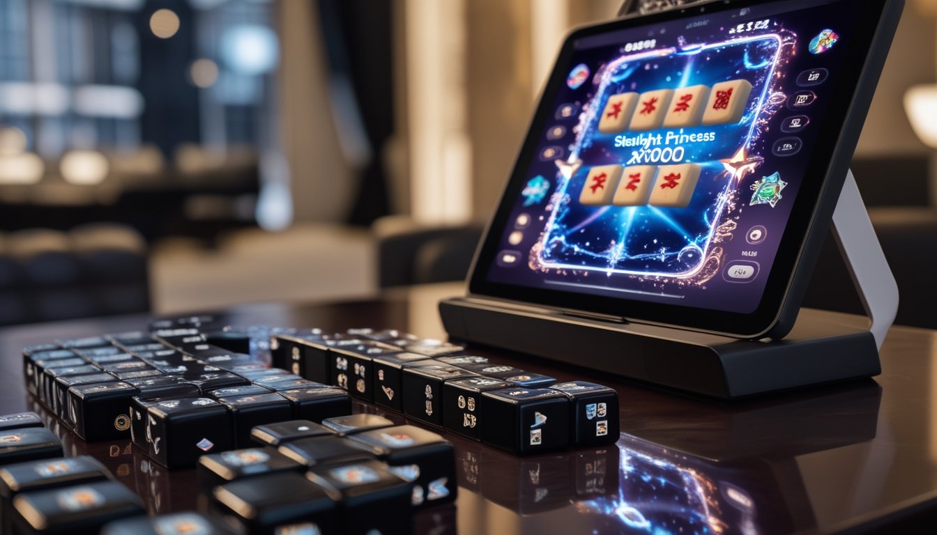 Meja permainan dengan set Mahjong hitam dan layar mesin slot berwarna cerah menampilkan tema Starlight Princess.