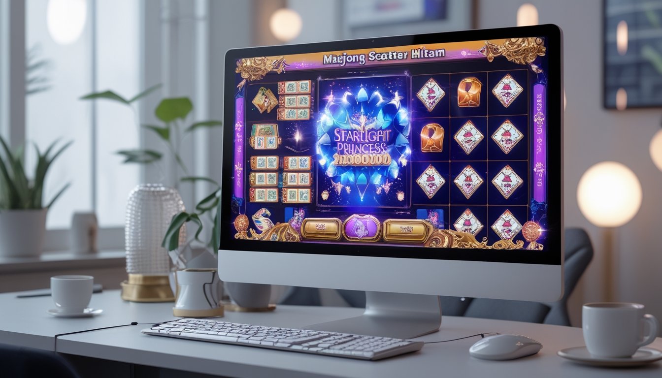 Sebuah meja komputer modern dengan layar menampilkan grafis permainan slot bertema Mahjong dan putri bercahaya, dikelilingi oleh dekorasi minimalis dan pencahayaan hangat.