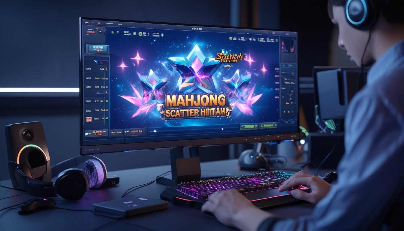 Meja kerja modern dengan komputer menampilkan grafik permainan Mahjong Scatter Hitam dan Starlight Princess X1000, tangan seseorang sedang menggunakan mouse dan keyboard.