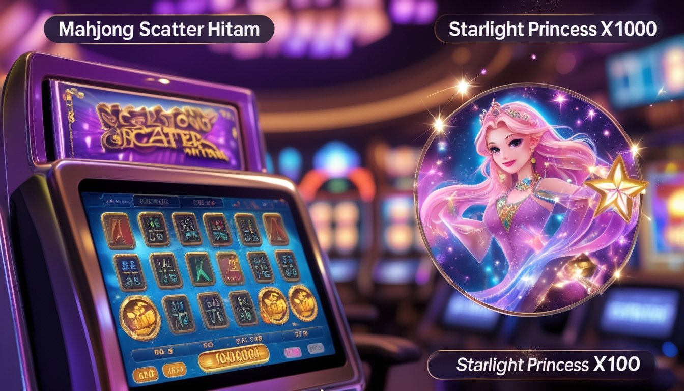 Adegan mesin slot di kasino dengan tema Mahjong Hitam dan putri bercahaya yang dikelilingi bintang, menampilkan suasana penuh warna dan lampu kasino.