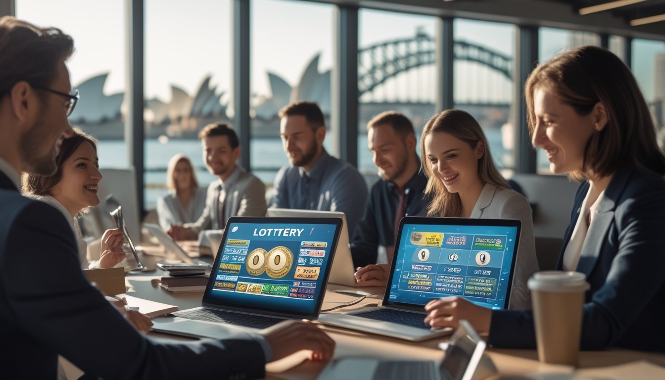 Sekelompok orang menggunakan laptop dan ponsel di kantor modern dengan pemandangan kota Sydney di latar belakang.