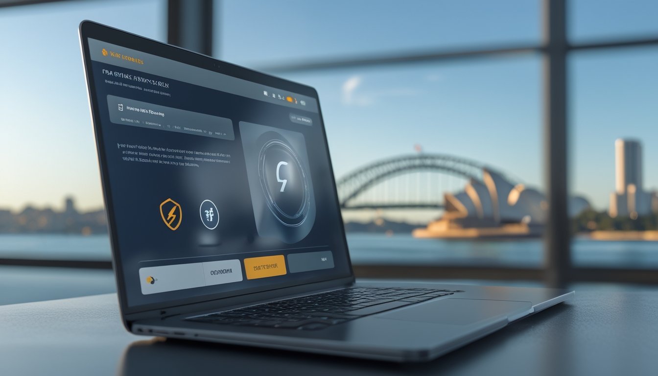 Seorang pengguna menggunakan laptop dengan tampilan antarmuka pembayaran digital, latar belakang kota Sydney dengan Sydney Opera House dan Harbour Bridge terlihat samar.