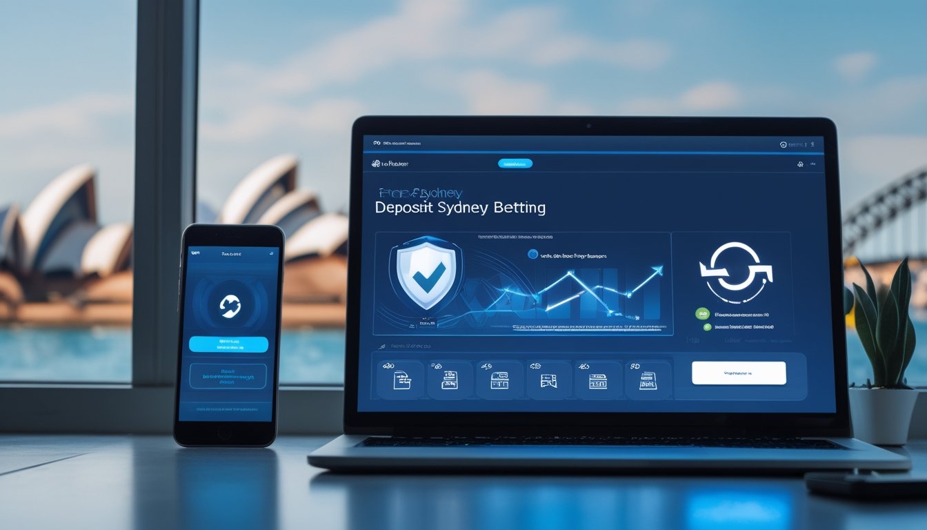 Seseorang menggunakan smartphone dan laptop dengan tampilan platform taruhan online, latar belakang kota Sydney dengan Opera House dan Harbour Bridge.