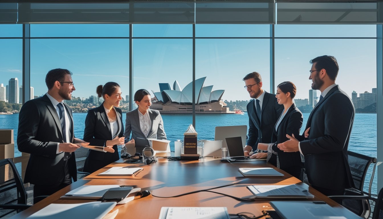Sekelompok profesional bekerja sama di ruang kantor dengan pemandangan kota Sydney dan landmark ikonik di latar belakang.