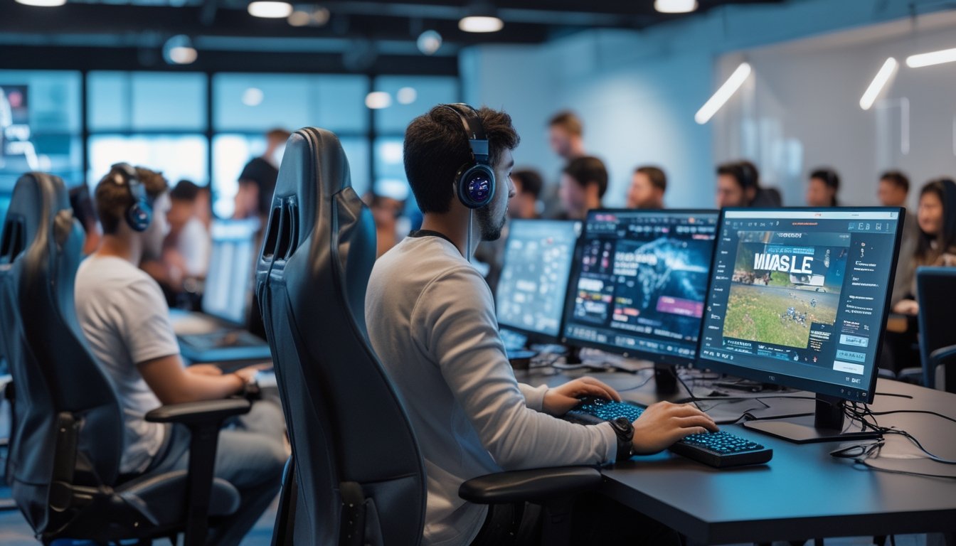 Beberapa orang dengan berbagai tingkat keahlian bermain game online bersama di ruangan yang nyaman dan terang dengan perangkat modern.